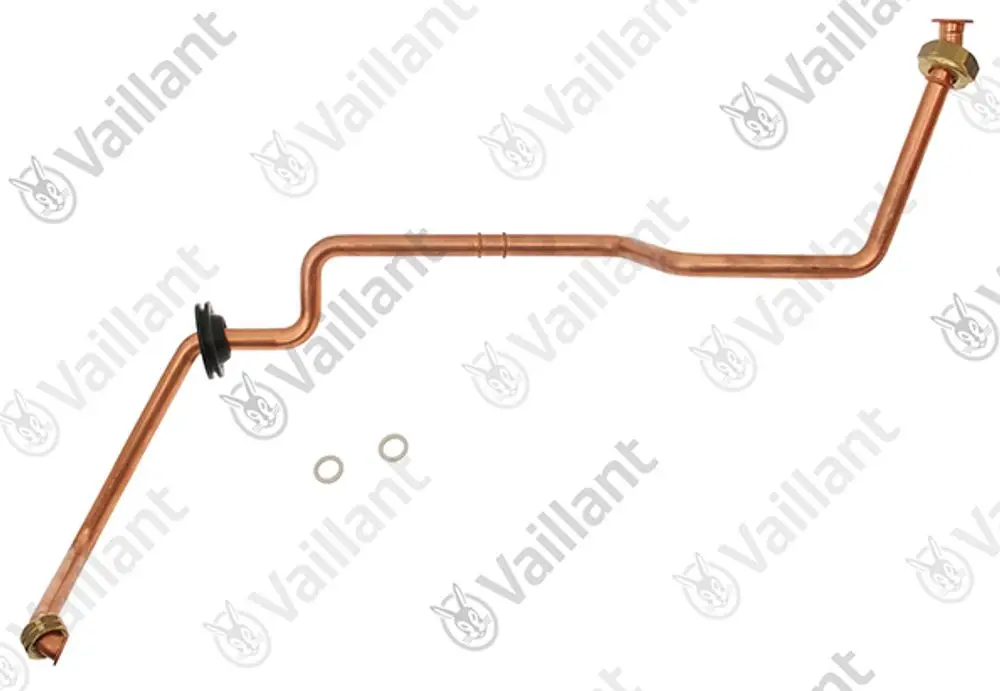 Kupferrohr von Vaillant mit zwei Anschlussstellen und zwei O-Ringen, geeignet für Gasinstallationen.